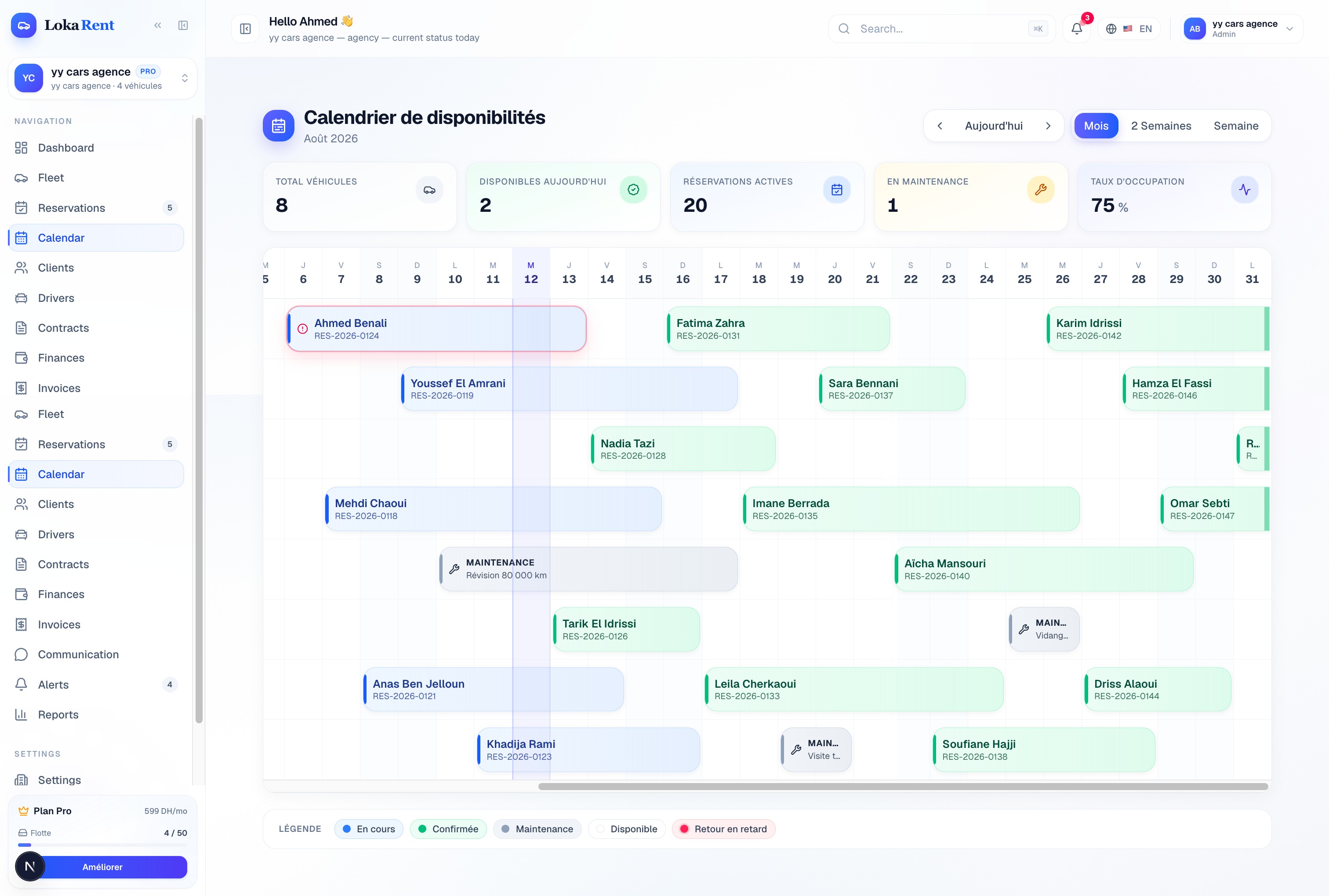 Calendrier de disponibilités Loocatio — réservations, maintenance et taux d'occupation en un coup d'œil